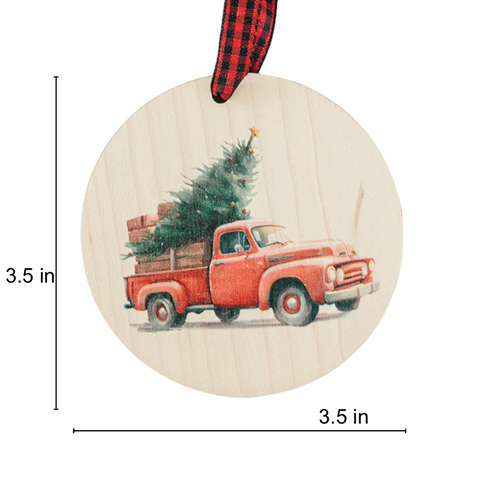 Charming Christmas tree truck ornament, capturing the festive spirit of the season. Adorned with a nostalgic truck hauling a beautifully decorated tree, this delightful ornament adds a touch of holiday magic to your decorations.