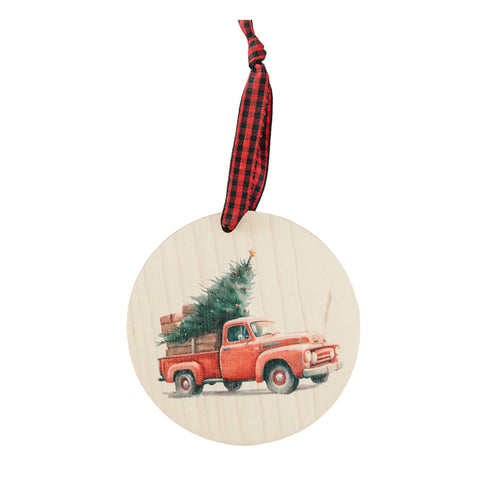 Charming Christmas tree truck ornament, capturing the festive spirit of the season. Adorned with a nostalgic truck hauling a beautifully decorated tree, this delightful ornament adds a touch of holiday magic to your decorations.