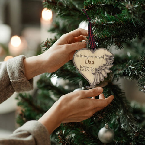 Customized memorial ornament, a touching tribute to Dad. Crafted with care, this personalized keepsake captures the essence of his love and enduring presence, offering a meaningful remembrance during the holiday season.