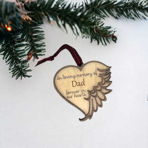 Customized memorial ornament, a touching tribute to Dad. Crafted with care, this personalized keepsake captures the essence of his love and enduring presence, offering a meaningful remembrance during the holiday season.