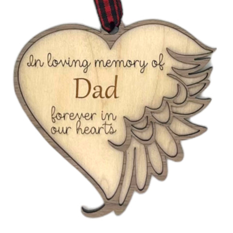 Customized memorial ornament, a touching tribute to Dad. Crafted with care, this personalized keepsake captures the essence of his love and enduring presence, offering a meaningful remembrance during the holiday season.