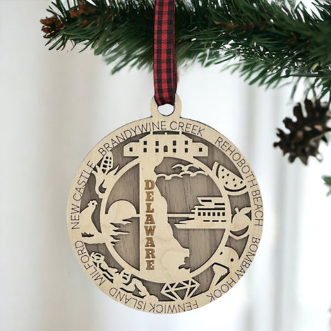 Delaware State Highlights Ornament: A delightful decoration capturing the essence of Delaware with iconic landmarks, historical symbols, and scenic wonders, beautifully crafted to celebrate the charm and uniqueness of the First State.