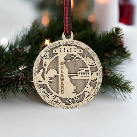 Delaware State Highlights Ornament: A delightful decoration capturing the essence of Delaware with iconic landmarks, historical symbols, and scenic wonders, beautifully crafted to celebrate the charm and uniqueness of the First State.