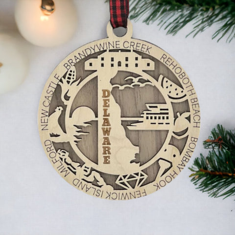 Delaware State Highlights Ornament: A delightful decoration capturing the essence of Delaware with iconic landmarks, historical symbols, and scenic wonders, beautifully crafted to celebrate the charm and uniqueness of the First State.