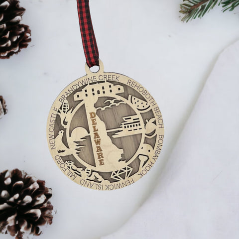 Delaware State Highlights Ornament: A delightful decoration capturing the essence of Delaware with iconic landmarks, historical symbols, and scenic wonders, beautifully crafted to celebrate the charm and uniqueness of the First State.