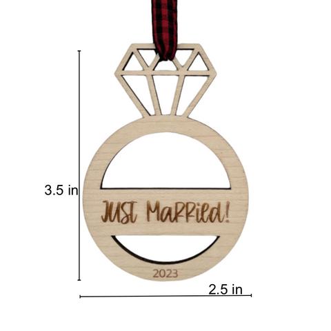 Just Married Ornament - Celebrate the newlywed bliss with this charming decoration, featuring a whimsical design. A perfect addition to your holiday decor, capturing the joy and love of the recent union.