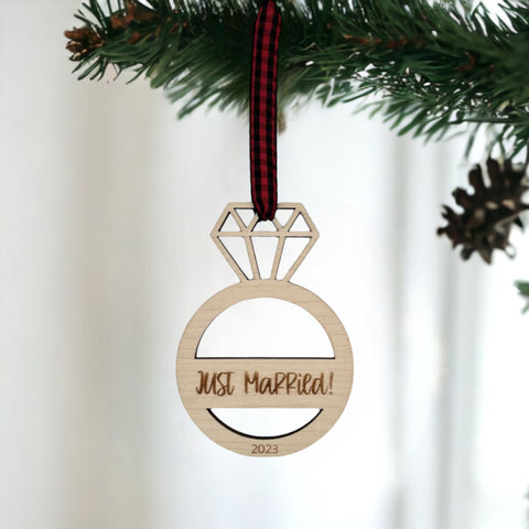 Just Married Ornament - Celebrate the newlywed bliss with this charming decoration, featuring a whimsical design. A perfect addition to your holiday decor, capturing the joy and love of the recent union.