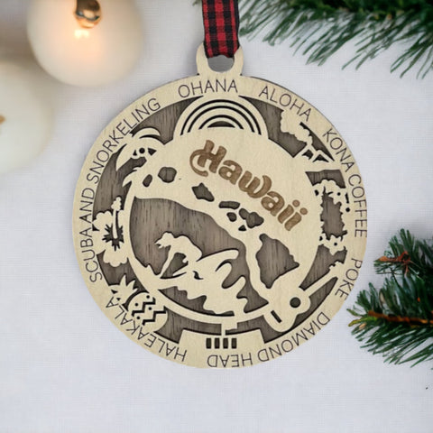 Capture the Spirit of Aloha! Elevate your holiday decor with our Hawaii State Highlights Ornament. From stunning beaches to majestic volcanoes, bring the essence of paradise to your tree! 