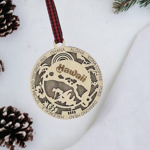 Capture the Spirit of Aloha! Elevate your holiday decor with our Hawaii State Highlights Ornament. From stunning beaches to majestic volcanoes, bring the essence of paradise to your tree! 