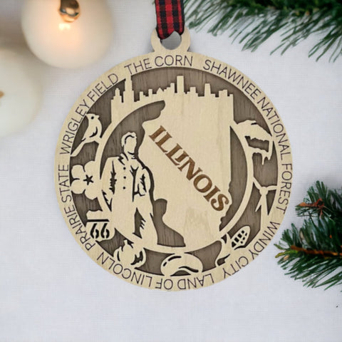 Elevate your holiday with the essence of Illinois! Our State Highlights Ornament captures the iconic landmarks and spirit of the Prairie State. Bring a touch of Illinois charm to your festive decor.