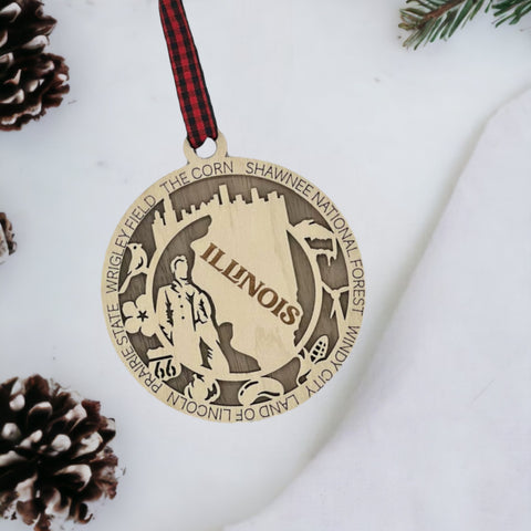 Elevate your holiday with the essence of Illinois! Our State Highlights Ornament captures the iconic landmarks and spirit of the Prairie State. Bring a touch of Illinois charm to your festive decor.