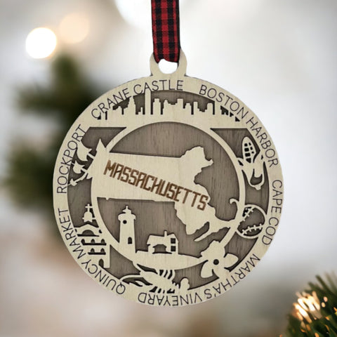 Embrace the charm of the Bay State! Our Massachusetts State Highlights Ornament brings iconic landmarks and historic elegance to your holiday decor. Celebrate the season with a touch of Massachusetts magic.