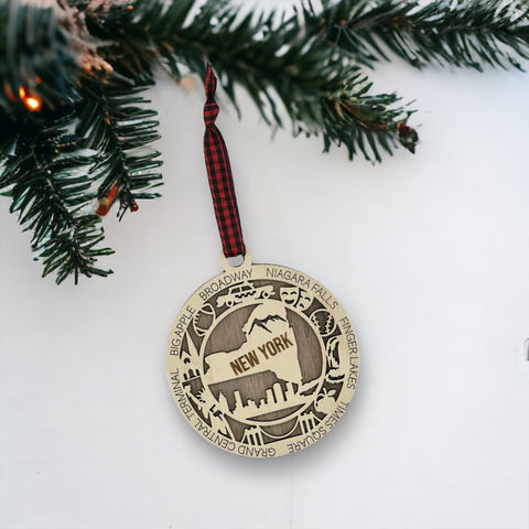 Capture the Empire State's magic with our New York State Highlights Ornament! A miniature masterpiece featuring iconic landmarks and vibrant scenes. Elevate your holiday décor with a touch of New York charm.