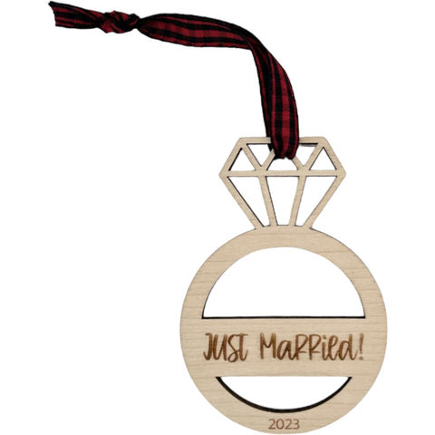 Just Married Ornament - Celebrate the newlywed bliss with this charming decoration, featuring a whimsical design. A perfect addition to your holiday decor, capturing the joy and love of the recent union.