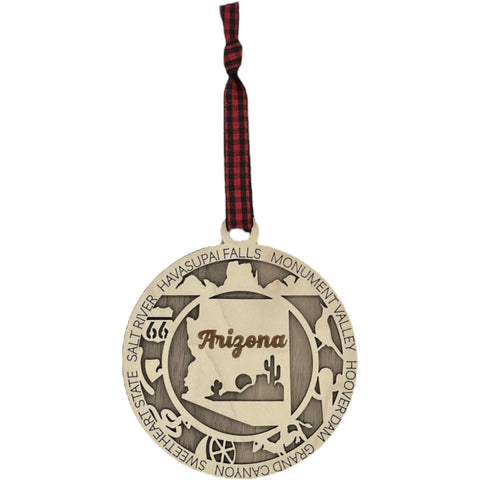 Arizona State Highlights Ornament: A festive decoration featuring iconic symbols and landmarks of Arizona, capturing the essence of the Grand Canyon State in a delightful holiday keepsake.