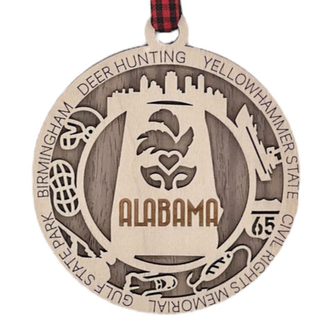 An intricately crafted Alabama State Highlights Ornament featuring iconic landmarks and symbols, showcasing the rich heritage and vibrant culture of the Heart of Dixie.