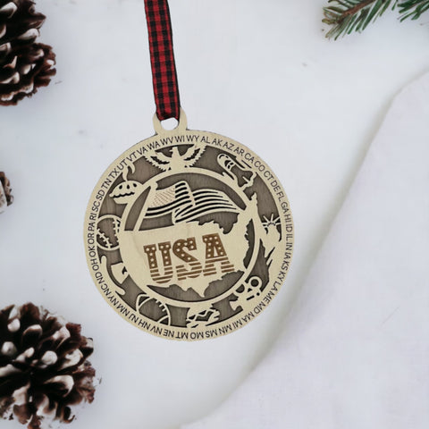 Deck the halls with a touch of the USA! Introducing the USA Highlights Ornament—a patriotic masterpiece celebrating the nation's iconic landmarks. Elevate your holiday decor with a dash of American pride.