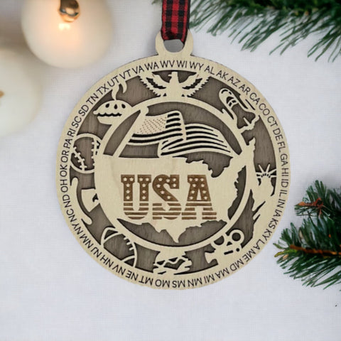 Deck the halls with a touch of the USA! Introducing the USA Highlights Ornament—a patriotic masterpiece celebrating the nation's iconic landmarks. Elevate your holiday decor with a dash of American pride.