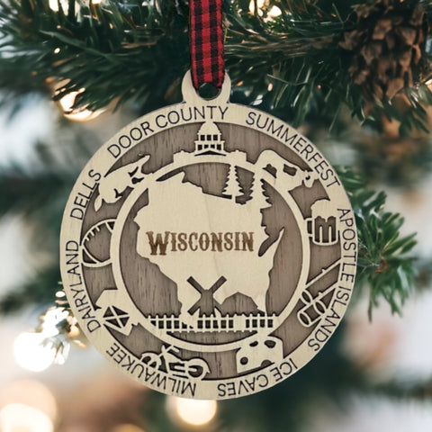 Enrich your holiday with the Wisconsin State Highlights Ornament. A timeless tribute to the Badger State's charm and beauty. Bring home a touch of Wisconsin's spirit this festive season.