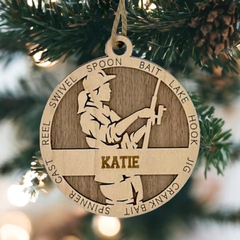 Tailored for fishing enthusiasts, this custom keepsake adds a personal touch to your tree. Celebrate the catch and passion of your angler with this spirited ornament. Customize now for a reel-y unique touch in holiday decor – order your Personalized Female Fishing Ornament today!