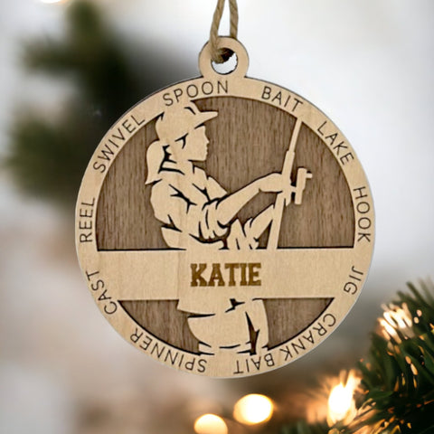 Tailored for fishing enthusiasts, this custom keepsake adds a personal touch to your tree. Celebrate the catch and passion of your angler with this spirited ornament. Customize now for a reel-y unique touch in holiday decor – order your Personalized Female Fishing Ornament today!