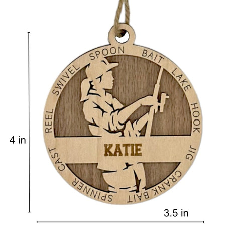 Tailored for fishing enthusiasts, this custom keepsake adds a personal touch to your tree. Celebrate the catch and passion of your angler with this spirited ornament. Customize now for a reel-y unique touch in holiday decor – order your Personalized Female Fishing Ornament today!