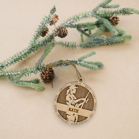 Tailored for fishing enthusiasts, this custom keepsake adds a personal touch to your tree. Celebrate the catch and passion of your angler with this spirited ornament. Customize now for a reel-y unique touch in holiday decor – order your Personalized Female Fishing Ornament today!