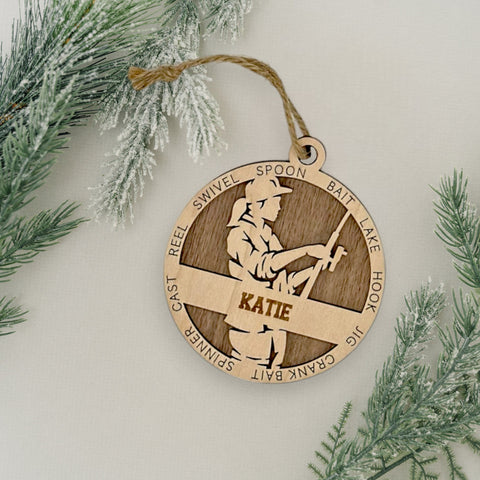 Tailored for fishing enthusiasts, this custom keepsake adds a personal touch to your tree. Celebrate the catch and passion of your angler with this spirited ornament. Customize now for a reel-y unique touch in holiday decor – order your Personalized Female Fishing Ornament today!